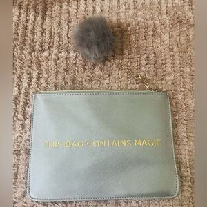 Gray Zip Pouch with Gold Text and Pom Pom